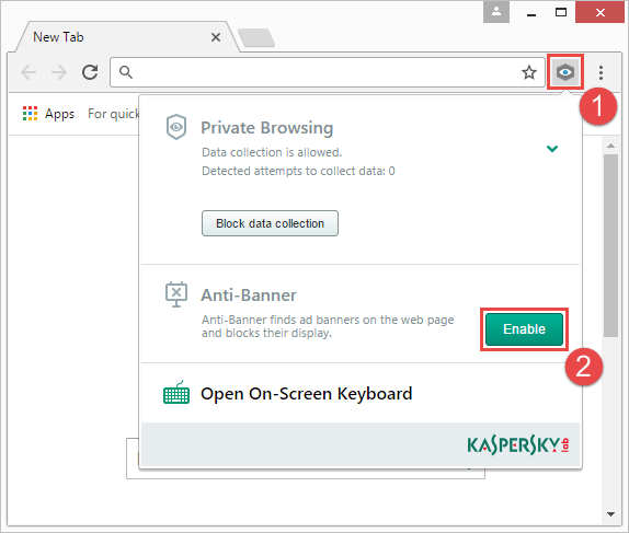Чтобы включить его, нажмите кнопку Kaspersky Protection на панели инструментов браузера, а затем в раскрывающемся меню Анти-баннер выберите Включить